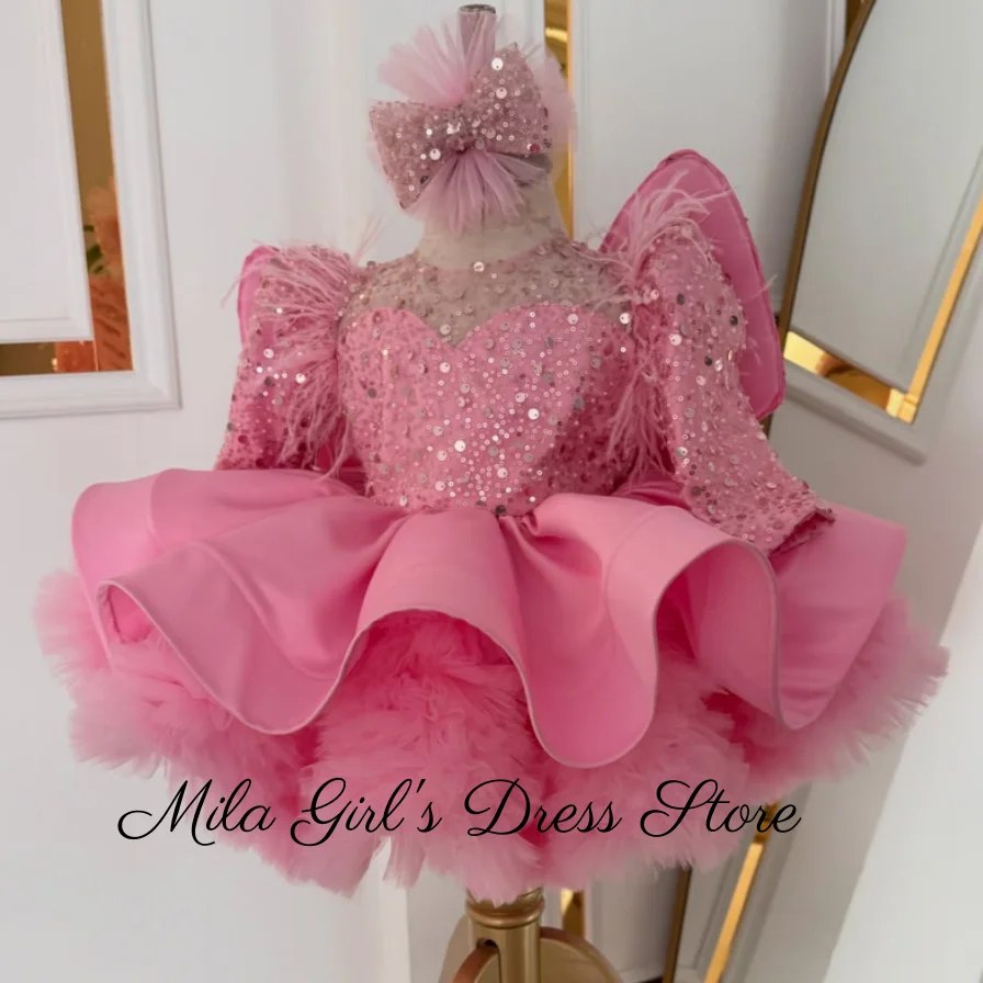 Customized Pink Flower Girl Dress Tulle Sequin Long Sleeve Tutu Dress For Wedding Birthday Party Pageant Banquet Princess Gowns
