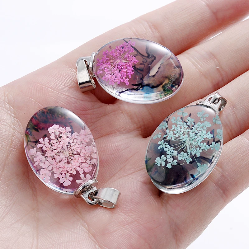 3Pcs Charm Glass Dried Flower Pendant Classic Oval Dried Flower Pendant For Jewelry Making Women Accessories Necklace Bracelet