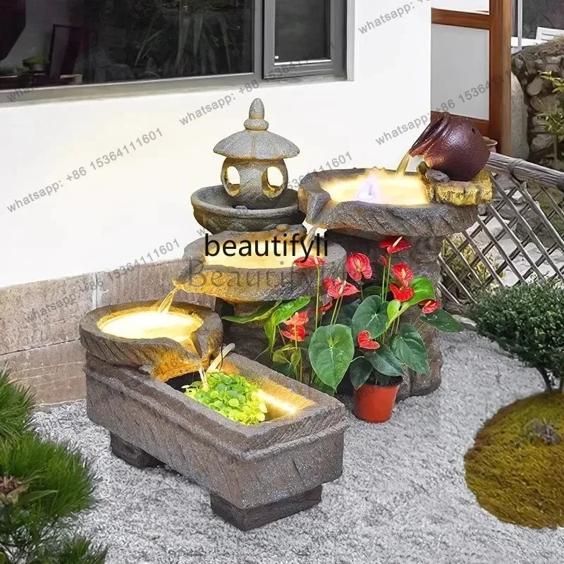 Chinese decorative ornaments, rockery, flowing water fountain, fish pond, floor-to-ceiling outdoor garden, courtyard lands