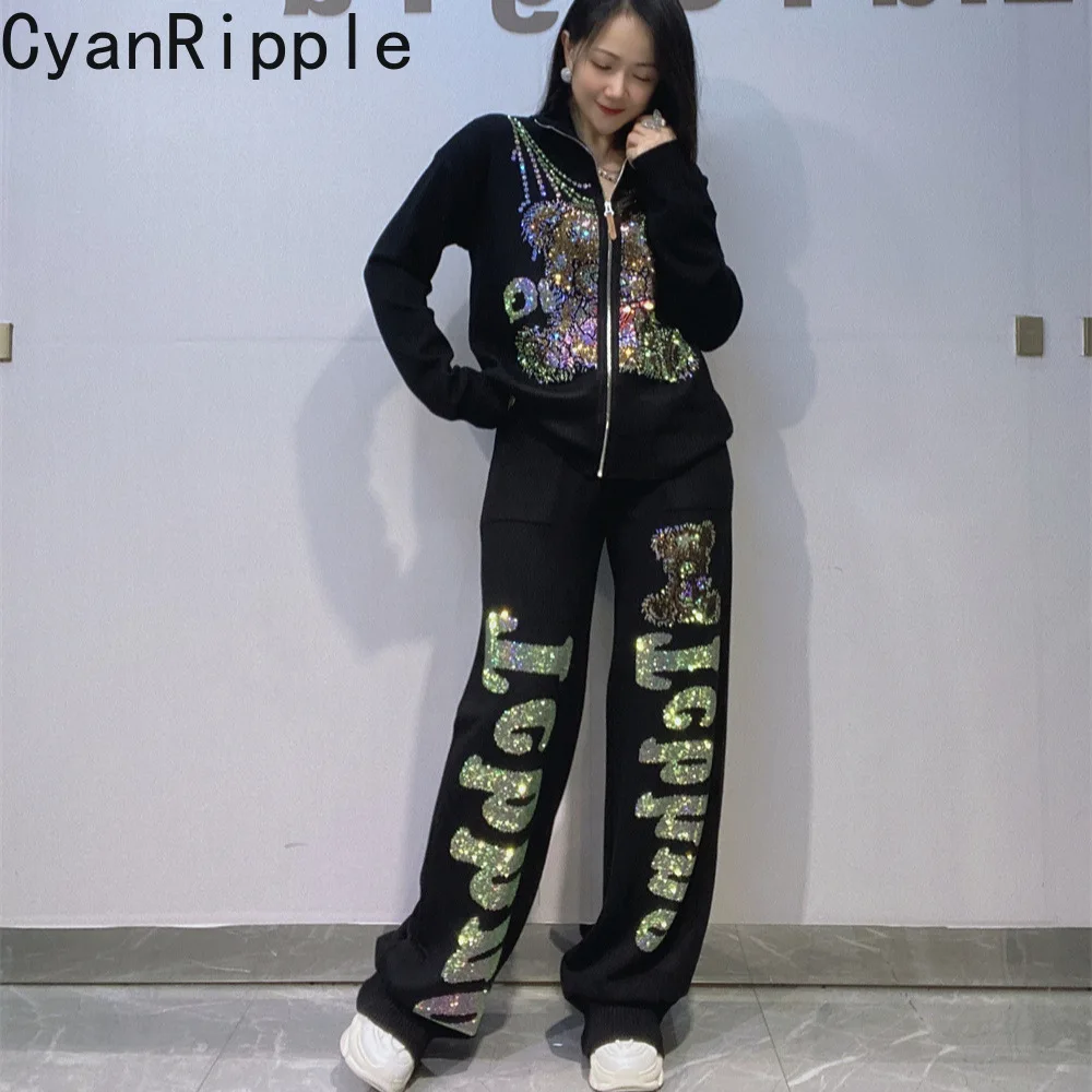 Trendy Autumn Winter Women Knitting Set Hot Diamonds Stand Collar Zip Cardigans Coat + Elastic Waist Wide Leg Straight Pants