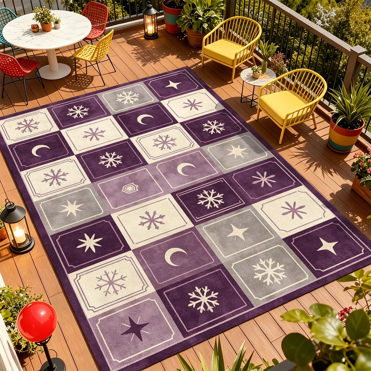 1pc 2D Flat Tarot Card Grid Moon Star Snowflake Checkered Printed Floor Mat, Decorative Rug for Living Room, Bedroom, Home