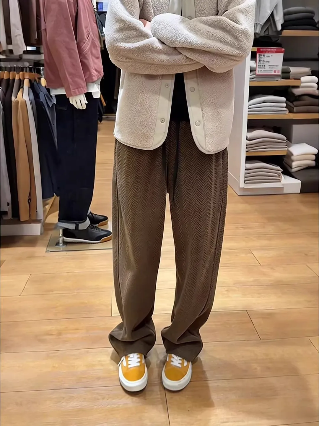 Men's Brown Wheat Pattern Fce Lined Loose Fit Casual Pants Straight Leg Fall Winter Heavy Du Drapey Micro Flared Sweatpants