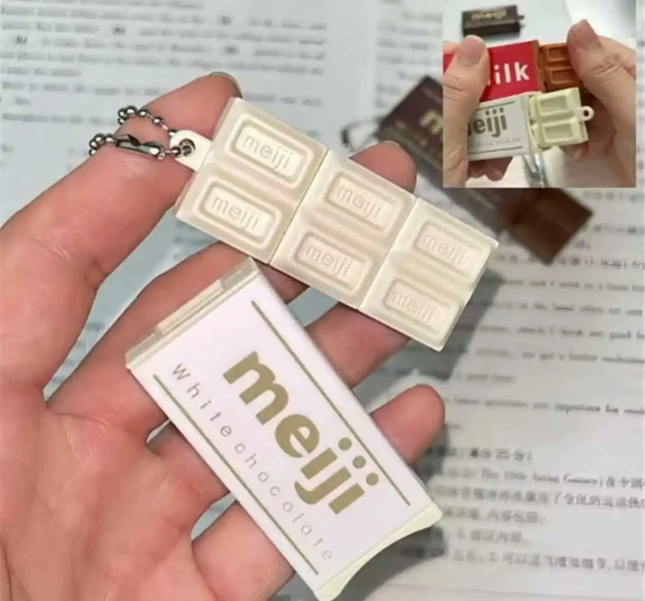 New In Stock Hot Japanese Style Simulated Meiji Chocolate Fidget Toy Bendable Snap Stress Relief Keychain Pendant Creative Gift