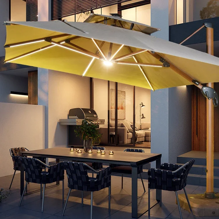 

3x4M patio umbrella wood grain painting aluminum cantilever offset garden led light parasol