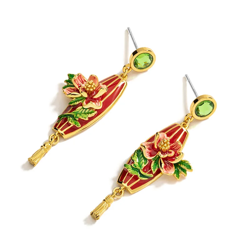 السنة الجديدة الصينية-شيك العرقية نمط الفاوانيا الحمراء فانوس أقراط طويلة النمط الوطني الرجعية شخصية الدوبامين يرتدي المجوهرات