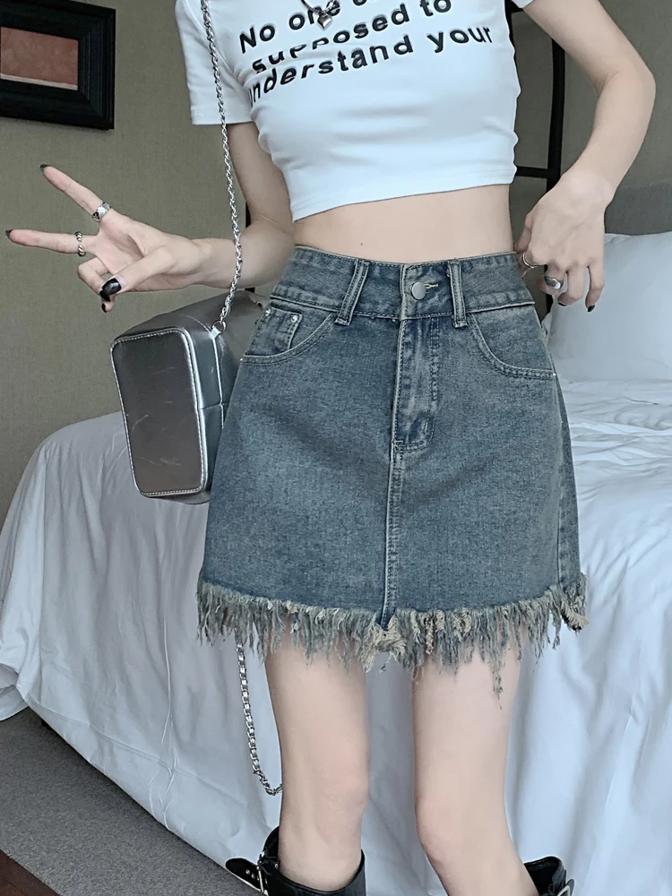 Gonna a trapezio a vita alta Gonne di jeans da donna Primavera Autunno Nuovo design Gonne coreane Sle ort con frange dimagranti