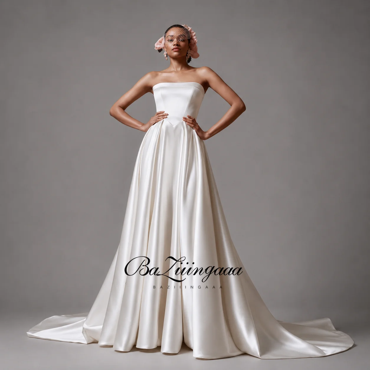 

Vintage Wedding Dresses Satin Sleeveless A-LINE Back Zipper Design Court Train Floor-Length Strapless Bride Church Wedding