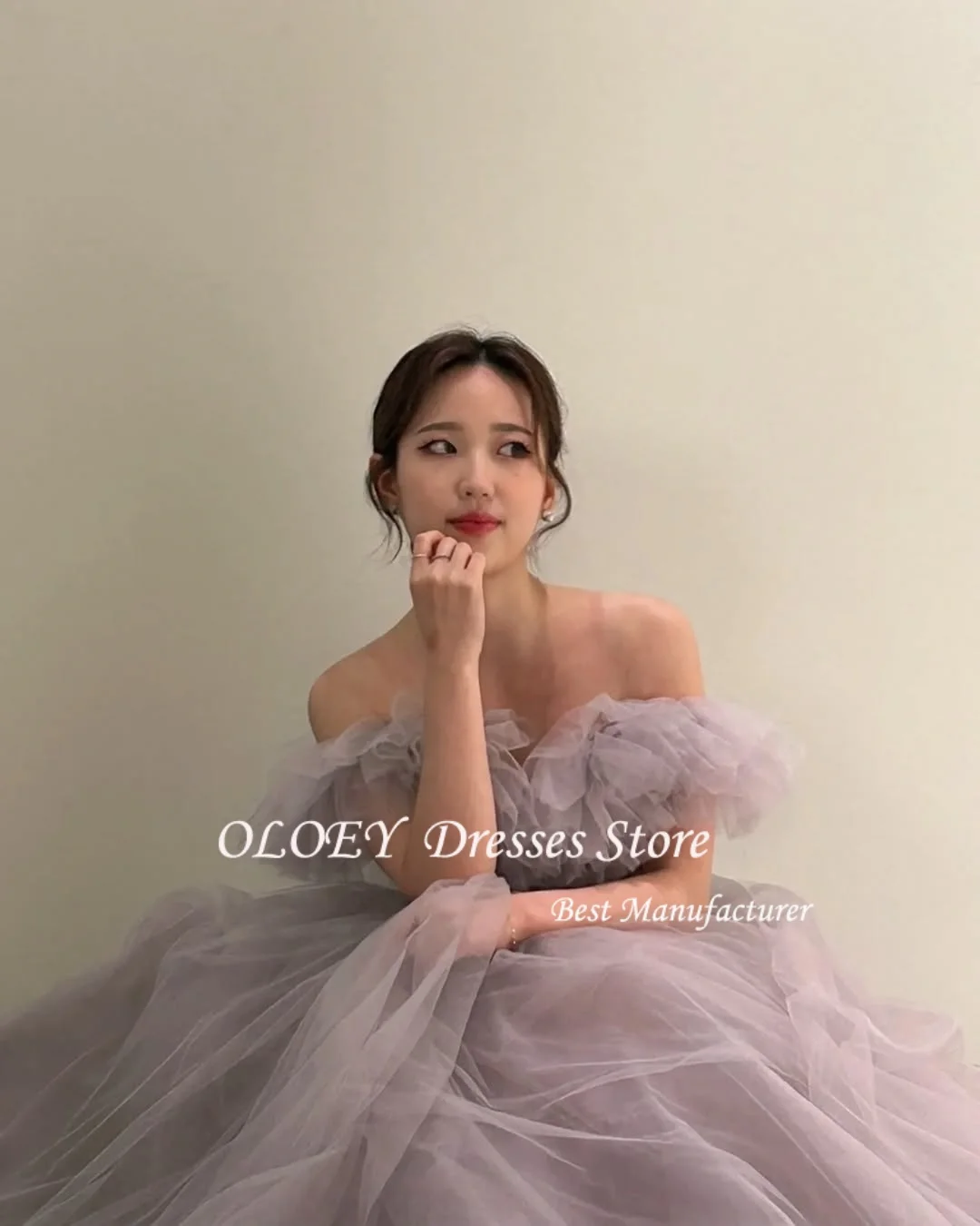 OLOEY الجنية الأرجواني تول فساتين الزفاف صورة تبادل لاطلاق النار قبالة الكتف الطية فستان زفاف ألف خط أنيقة سويب تراين فساتين السهرة