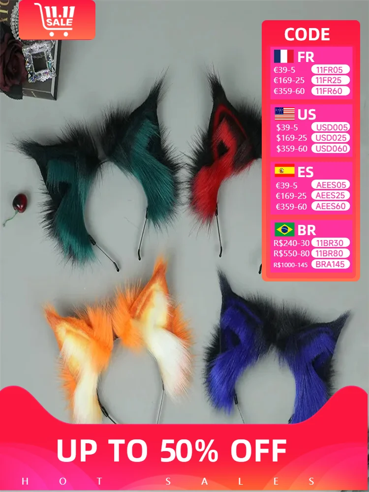 Plush Wolf Cat Ears Headband Furry Faux Fur Ear Hairbands Fluffy Animal Fox Hair Hoop Cosplay Lovely Realistic Hair Accessories