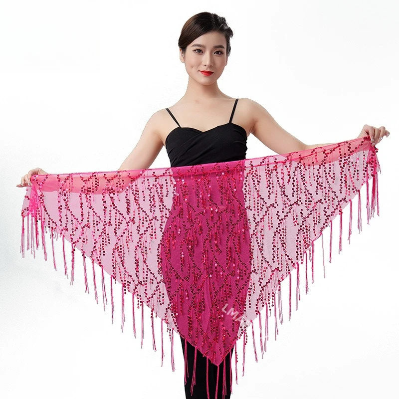 Sciarpa triangolare con nappe e paillettes di danza del ventre, pratica sciarpa in vita con catena in vita, costume da spettacolo di danza indiana
