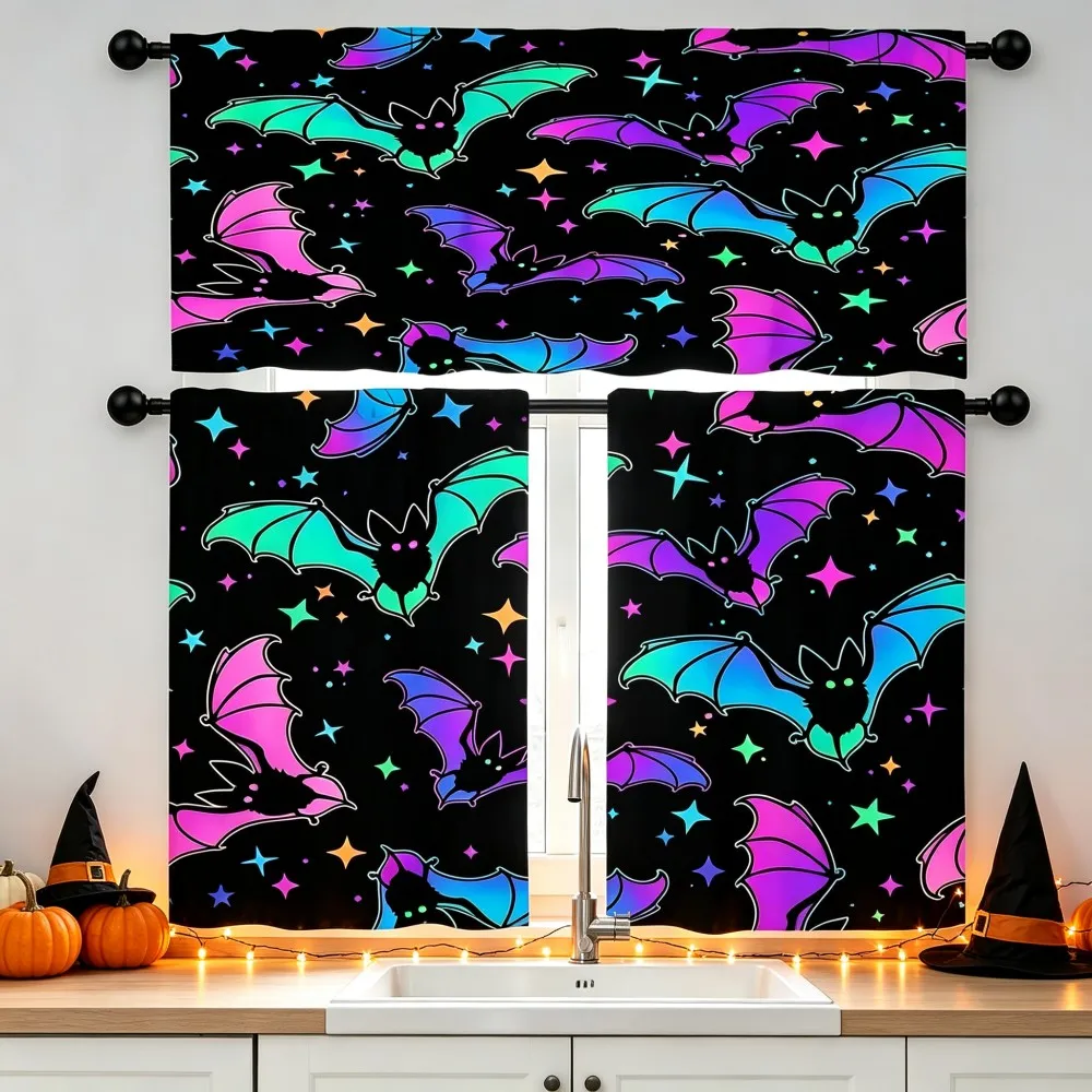 Halloween Kitchen Curtains, Neon Bat Star Purple Green, Digital Print, Kitchen Dining Room, Rod Pocket Polyester, Home Decor