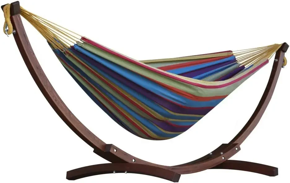 

Double Cotton Hammock with Solid Pine Arc Stand - 450 lb Capacity, Durable FSC Wood Frame, Comfortable 87 Bed, Includes