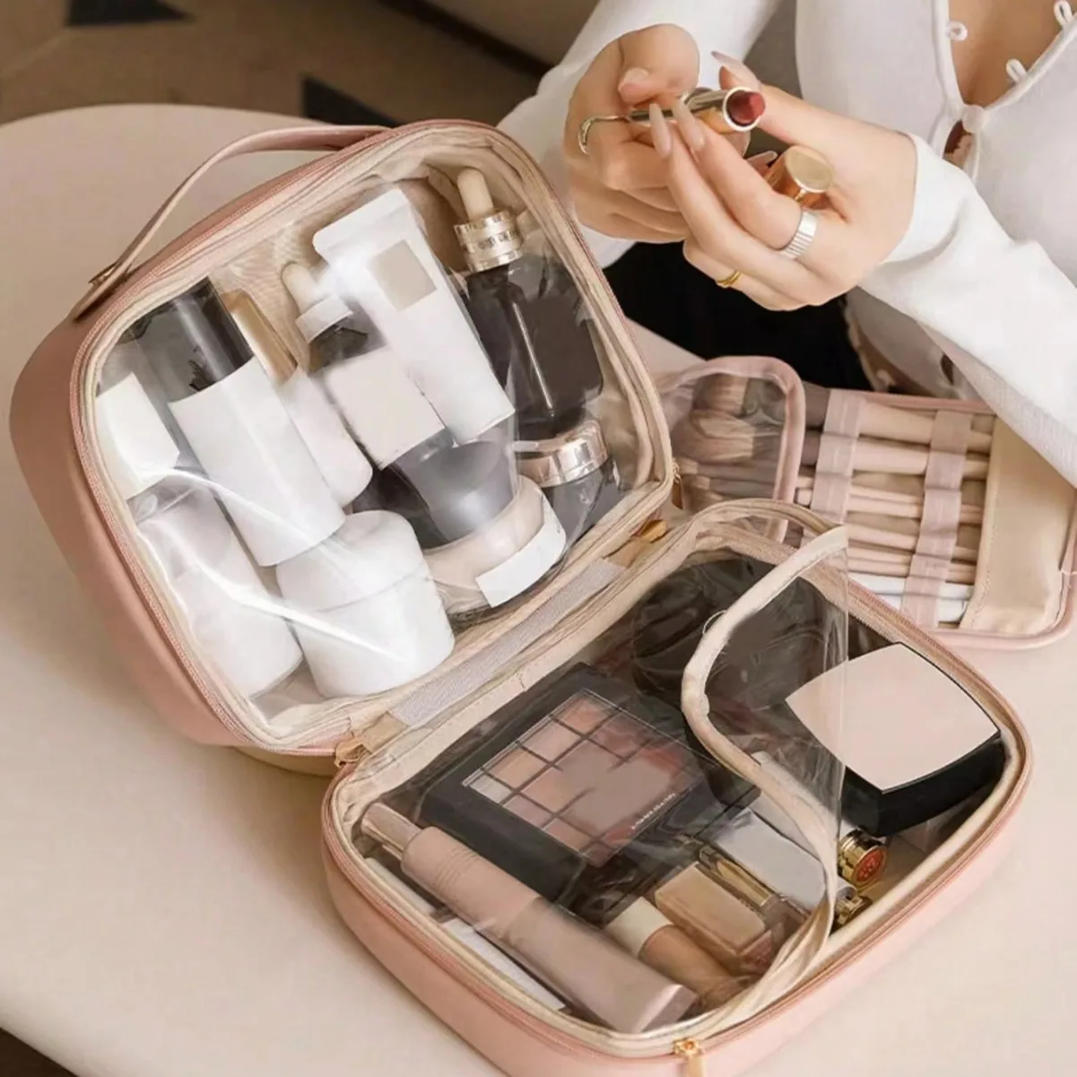 

Travel ladies' makeup bag - PU leather double-layer makeup bag, transparent zipper makeup bag