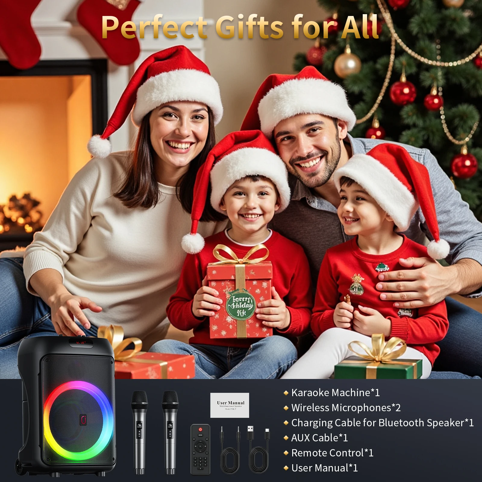 آلة T36 Kara Ok مع 2 ميكروفونات لاسلكية، مع Bt، USB، بطاقة Tf، تسجيل، مع Tws، نظام Pa كبير للحفلات مع أضواء الديسكو