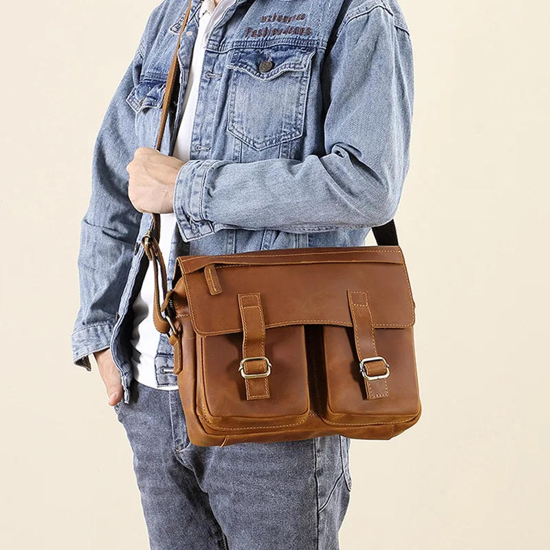 

Crazy Horse Leather Men Bag Shoulder Bag For Man Casual Business Leather Messenger Bag Vintage Men's Crossbody Bag Male bolsas