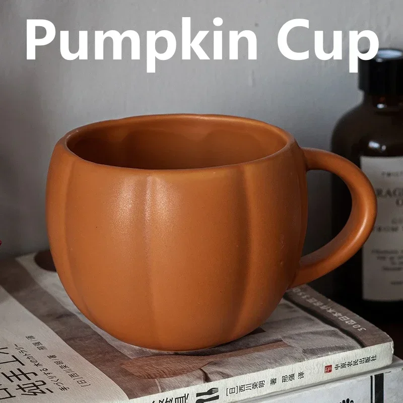 450ml Pumpkin Cup Halloween  Ceramic Breakfast Yogurt Cup Retro Style Durable Enamel with Handle Cups Milk Coffee Mug