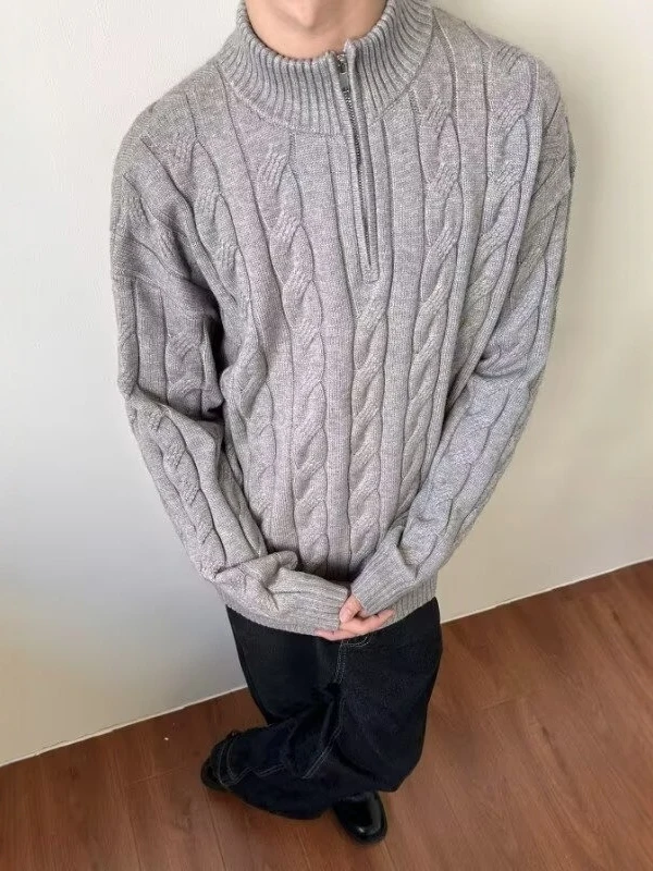 

Мужской осенне-зимний твидовый трикотажный свитер на молнии с воротником-стойкой, длинными рукавами, удобный, свободного кроя, теплый, модный