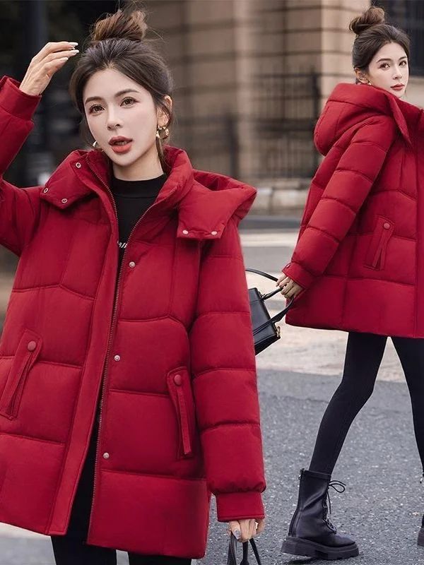 

Winter Thiened Cotton Jaet Women's Mid-Length Red Warm Casual Loose plus Size Cotton Coat Outerwear Korean Sle Straight...