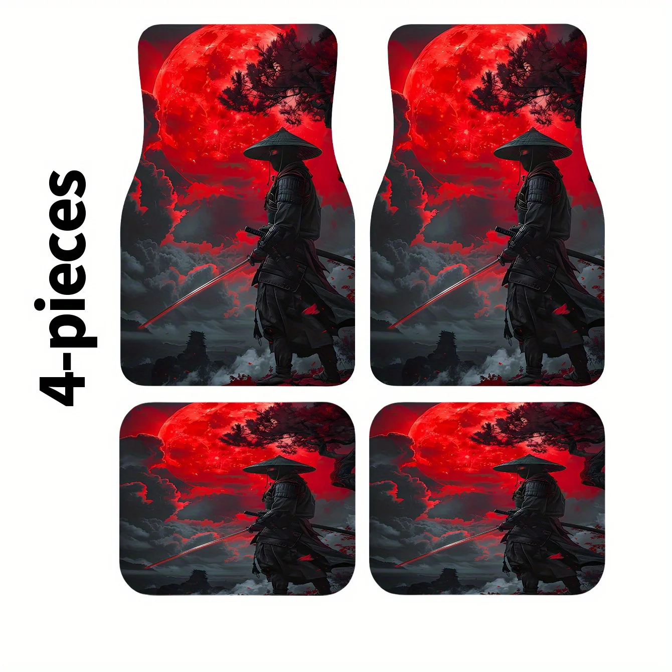 A Set Of 4 Stylish Car Floor Mats Featuring Ancient Characters With Swords And Hats, Designed For Easy Cleaning. These Mats Are