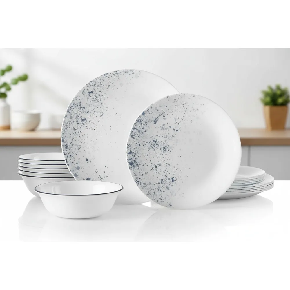 

Набор столовой посуды из 18 предметов на 6 человек, трехслойные стеклянные тарелки и миски, устойчивые к сколам, легкие и штабелируемые — дизайн в крапинку цвета индиго