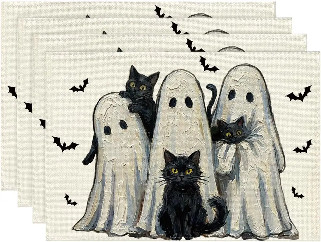 Ghost Black Cat Halloween Placemats Set of 4-12 x 18 Inch for Party Kitchen Dining Decoration