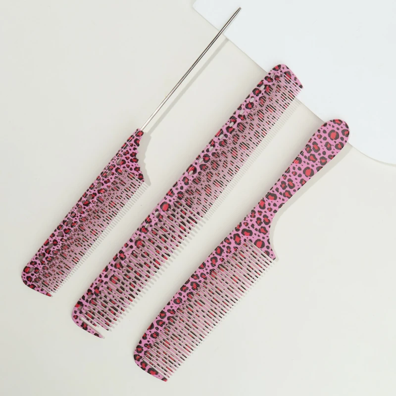 One To Three Pieces Set: Pink Leopard Print Hair Comb, Flat-Head Comb, Two Durable ABS Material + Metal ABS Handle