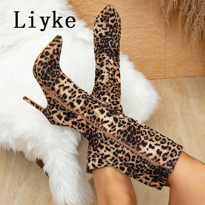 Liyke Designer Pointed Toe Leopard Print Knee High Boots Women Fashion Zip Autumn Winter Stiletto Heels Motorcycle Shoes Size 42