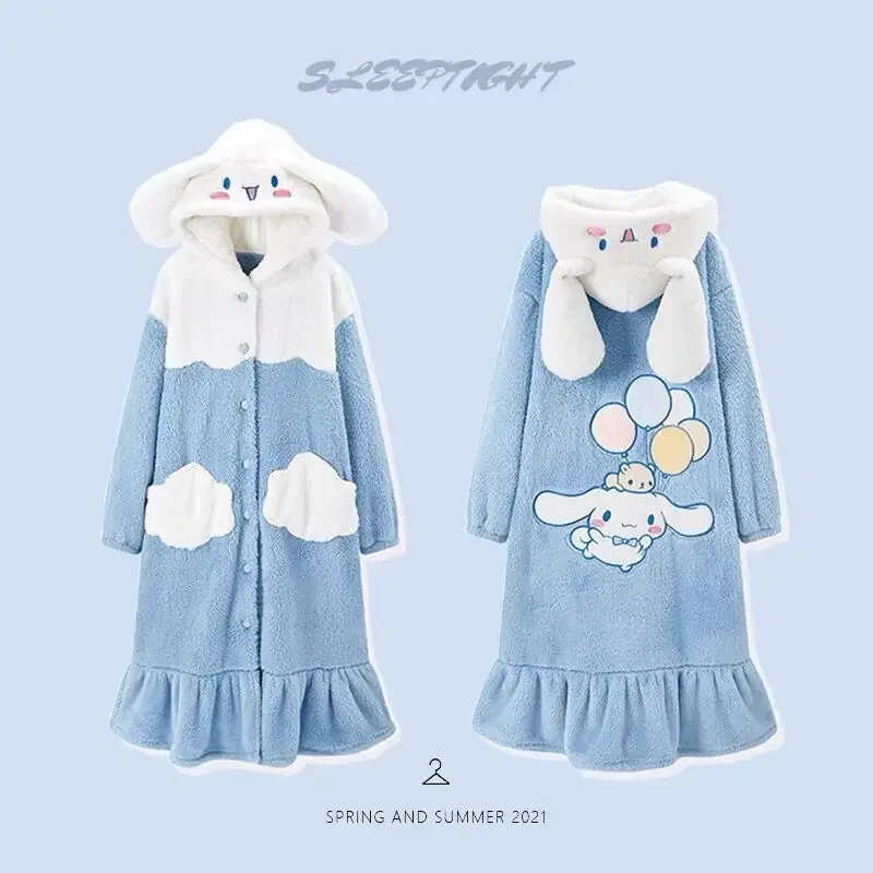 Sanrio Cinnamoroll Pajamas Cartoon Sweet Nightgown Women Plush Thicken Homewear Winter Flannel Warm Clothes Girl Kawaii Bathrobe