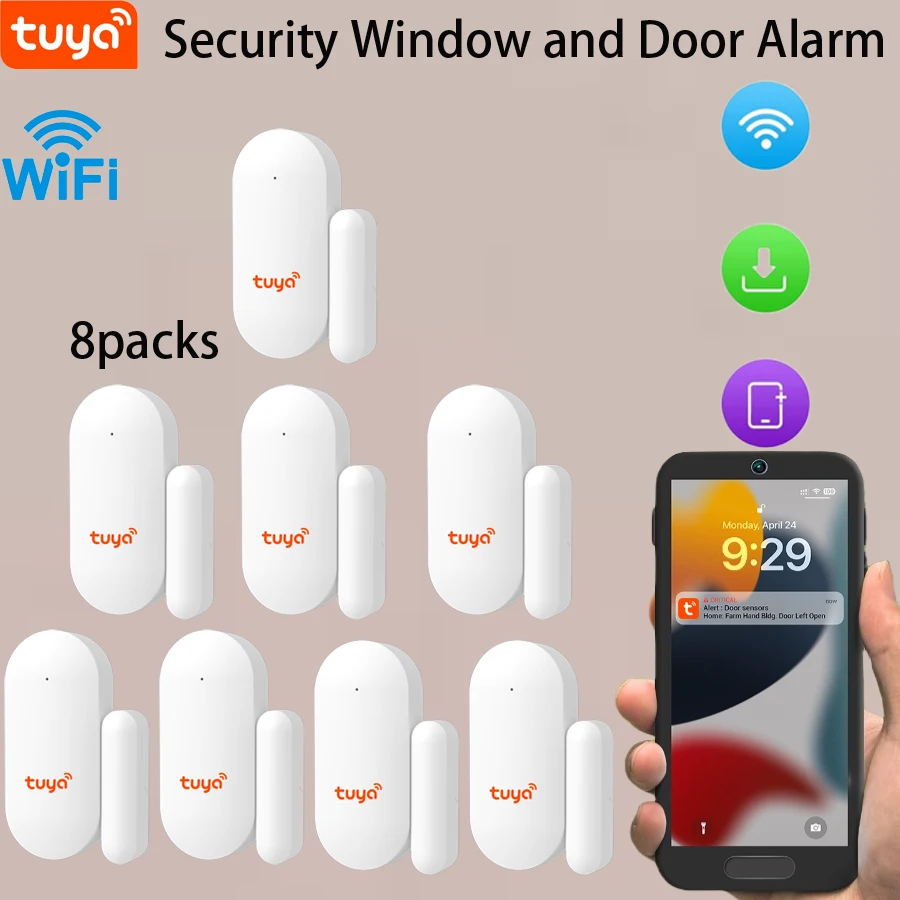 

8packs Tuya WiFi Smart Door Sensor Door Open Closed Detectors Smart Home Security Protection Alarm System Smart Life APP Control