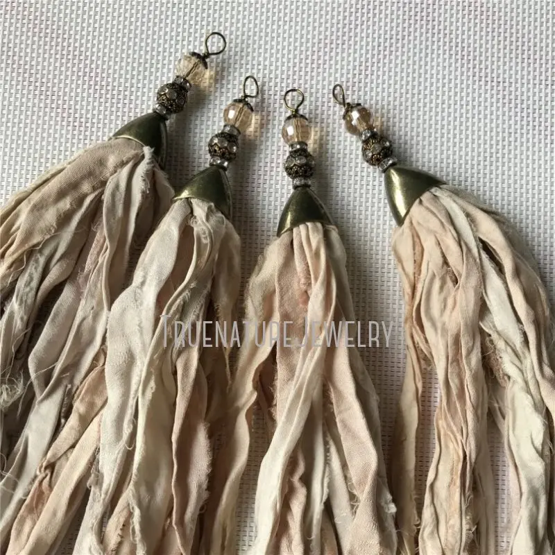 PM28184 Bronze Plated Beige Color Silk Sari Tassel Pendant Boho Bohemian Tassel Pendant Jewelry