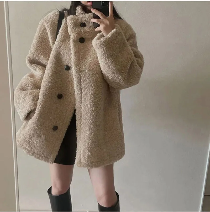 

Korean Sle Gentle Lamb Fur Jaet Women Winter New Loose Fur Outerwear Mid-Length Stand Collar Leather And Fur Inteated