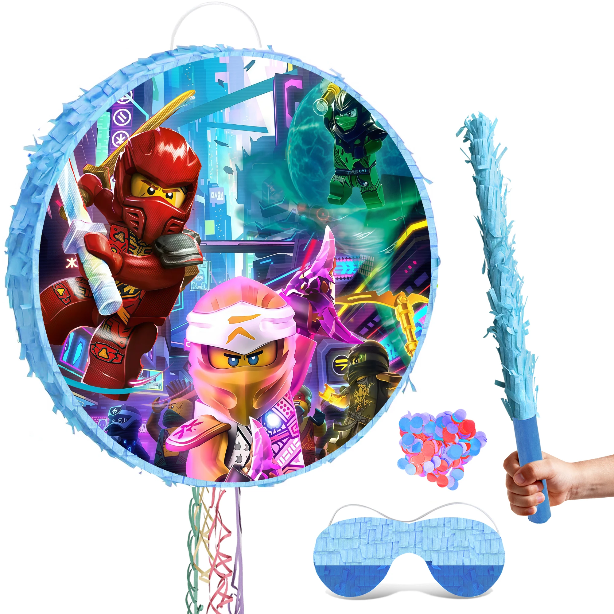 4 Pcs Ninja Party Round Pinata Bundle-Ninja Piñata Large Blindfold&Pinata Stick etc Ninja Birthday Party Supplies for Boys/Girls