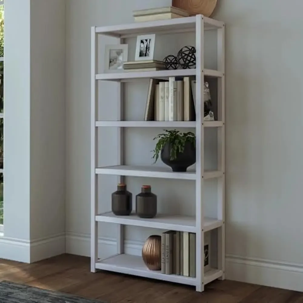 Solid Pine Wood 6-Tier Bookcase Renewable Forests Shelf Unit with Wall Mount Coastal Style Living Room Bedroom Greenport 72