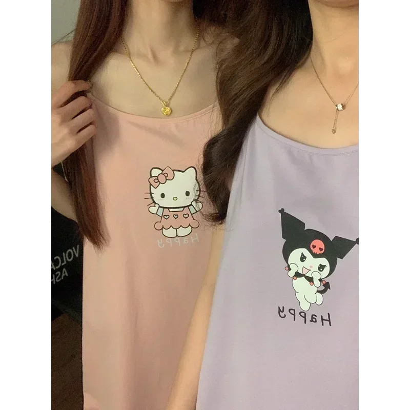 Sanrio Hello Kitty Yaz Spagetti Sapanlar Kolsuz Uzun Elbise Serin kadın Pijama Ipek Pijama Kadın Ev Giyim Gecelik