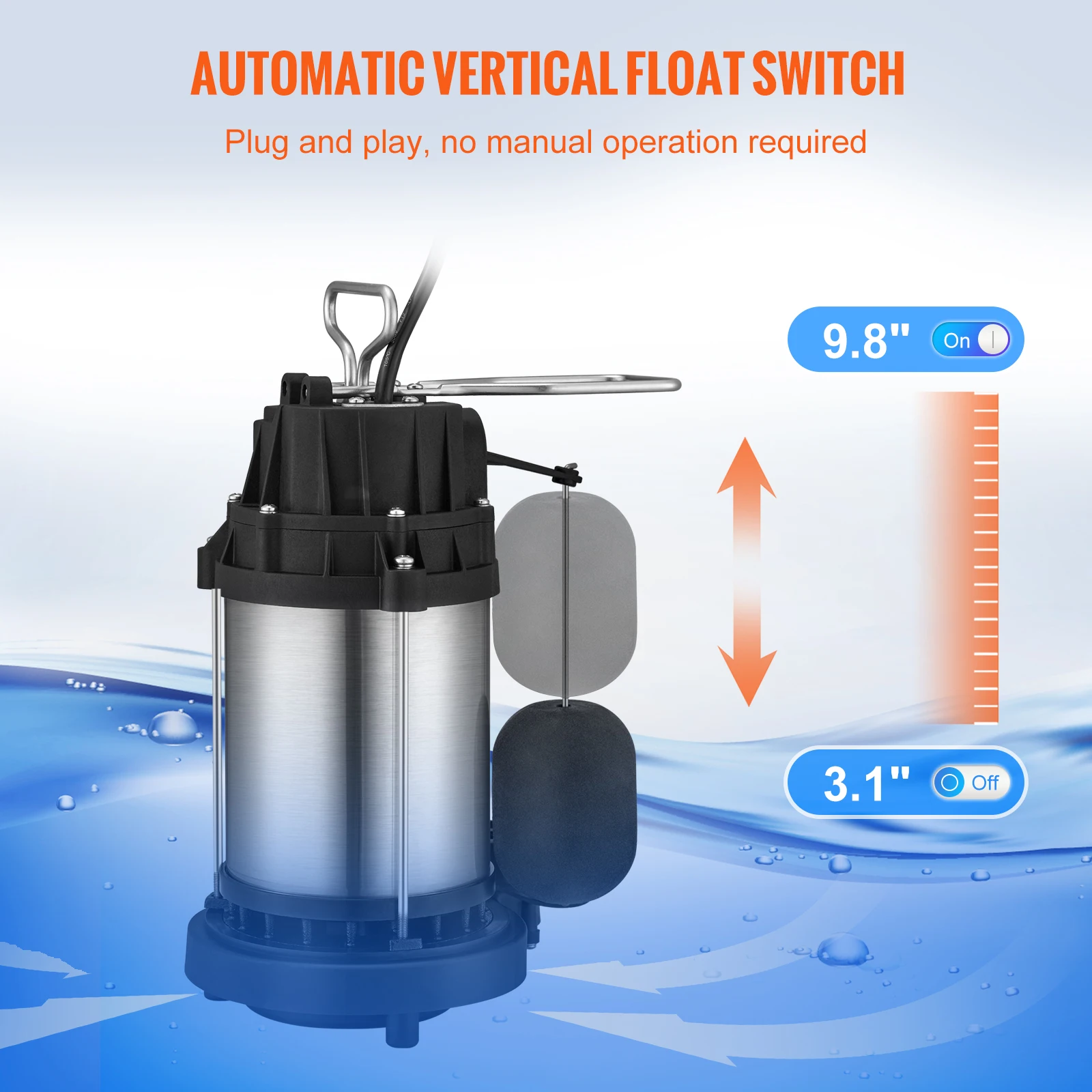 VEVOR-Bomba Submersível, Bomba De Água De Aço Inoxidável, Interruptor Flutuador Automático, 33 ft Cord, 1-1/2 "NPT Descarga, 1/2 HP, 3960 GPH