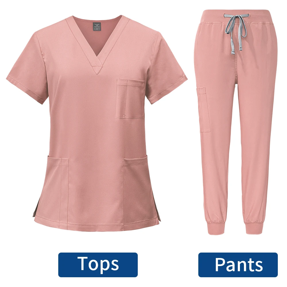 Medical Women Uniforms Hospital Scrubs Sets V neck Tops Pant Nurses Accessories Dental Clinic Beauty Salon Spa Workwear Clothes