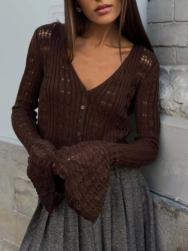 XIAOTANG セクシーな中空アウトニットカーディガン女性の夏の長袖クロップドトップス Y2K ハイストリートシングルブレストイエローカーディガン