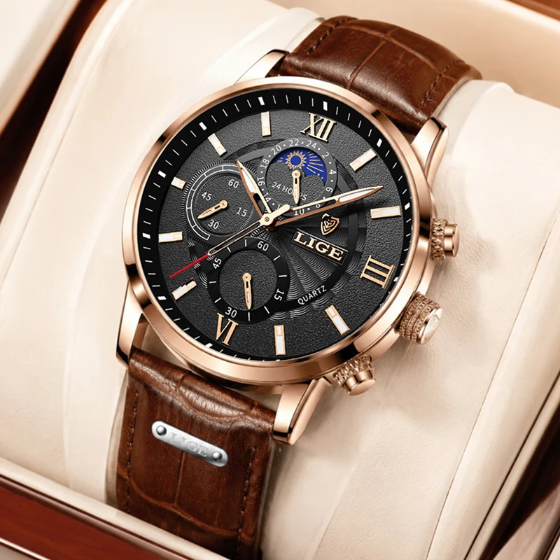 LIGE Waterproof Watches for Men Luxury Rose Gold 24 Hours Moon Phase Chronograph Fashion Brown Leather Quartz Wristwatch Clock