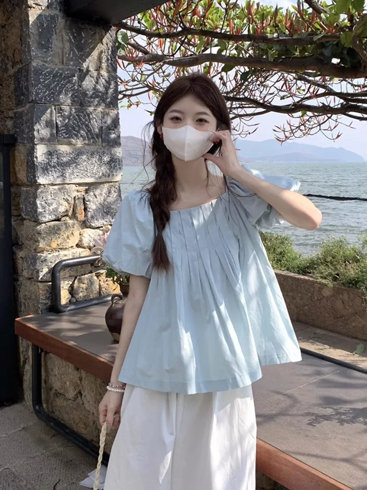 

Romantic Square Collar Bubble Sleeve Shirt Women's Summer Design Sweet Personality Doll Top Blue Breathable Loose Fit Shirt