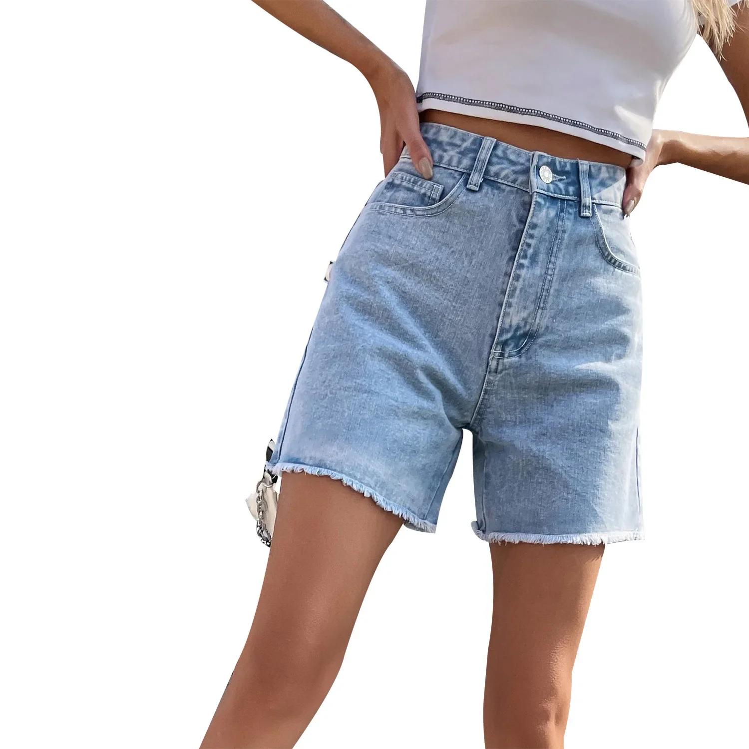 Vintage Jeans Denim Washed Shorts Solid Pockets Spliced High Waist Summer Button Sexy Casual Basics Slim Fit Distressed 2025