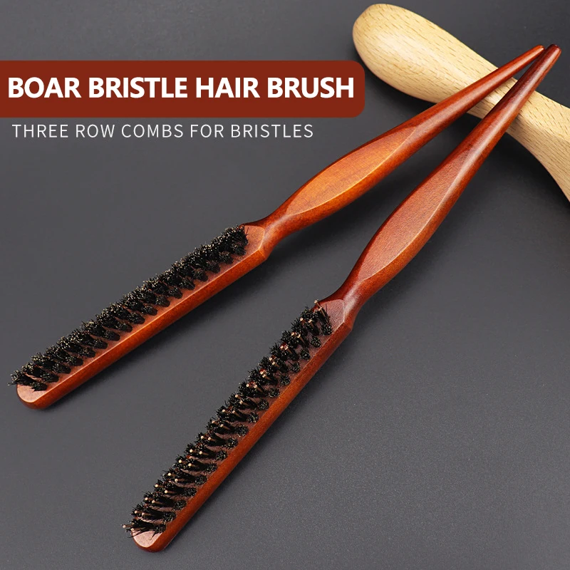 Professional Salon Natural Boar Bristle Hairs Teasing Brush Fluffy Hair Slim Line Round Styling Combs