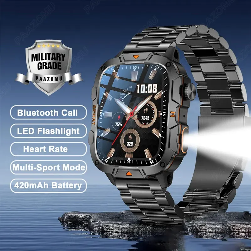 2025 Rugged Military Smartwatch With LED Flashlight Bluetooth Call Heart Rate Blood Oxygen Monitoring 420mAh Outdoor Wristwatch