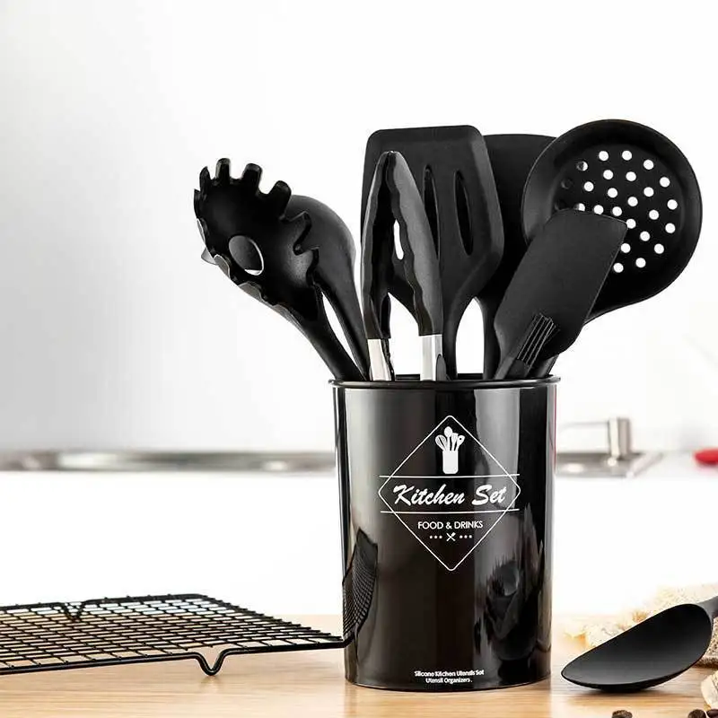 Silicone Kitchenware Utensils Set Black Non-stick Cookware Spatula Shovel Egg Beaters Wooden Handle Kitchen Cooking Tool Set