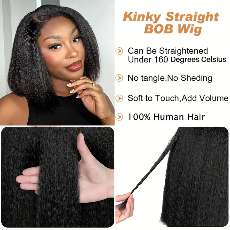 Ready To Wear Kinky Straight Bob Wigs Glueless 100% Human Hair Wigs Wear To Go Brazilian Yaki Straight Transparent Lace Wig 180%