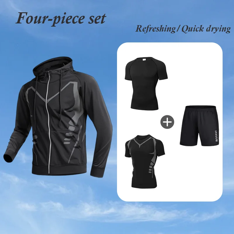 

Мужской дышащий спортивный костюм для бега: модная одежда для фитнеса весна-лето для утренних пробежек, быстросохнущий комплект для тренировок на открытом воздухе