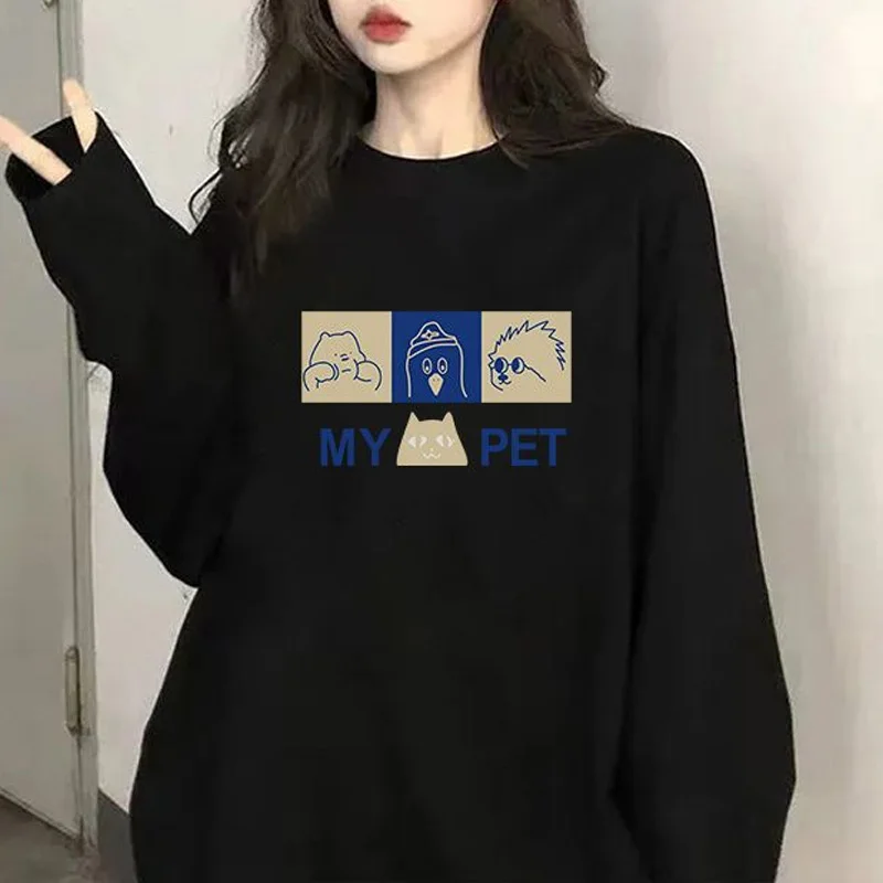 

2023 New Spring and Autumn Niche Black Long Sleeved T-shirt Oversized Loose Casual High Street Round Neck Printed Versatile Top