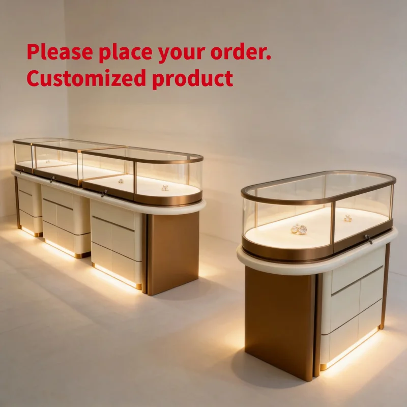 custom.Luxury Rose Gold Stainless Steel Curved Jewelry Display Counter Minimalist Boutique Shopfitting Showcase with Floating LE