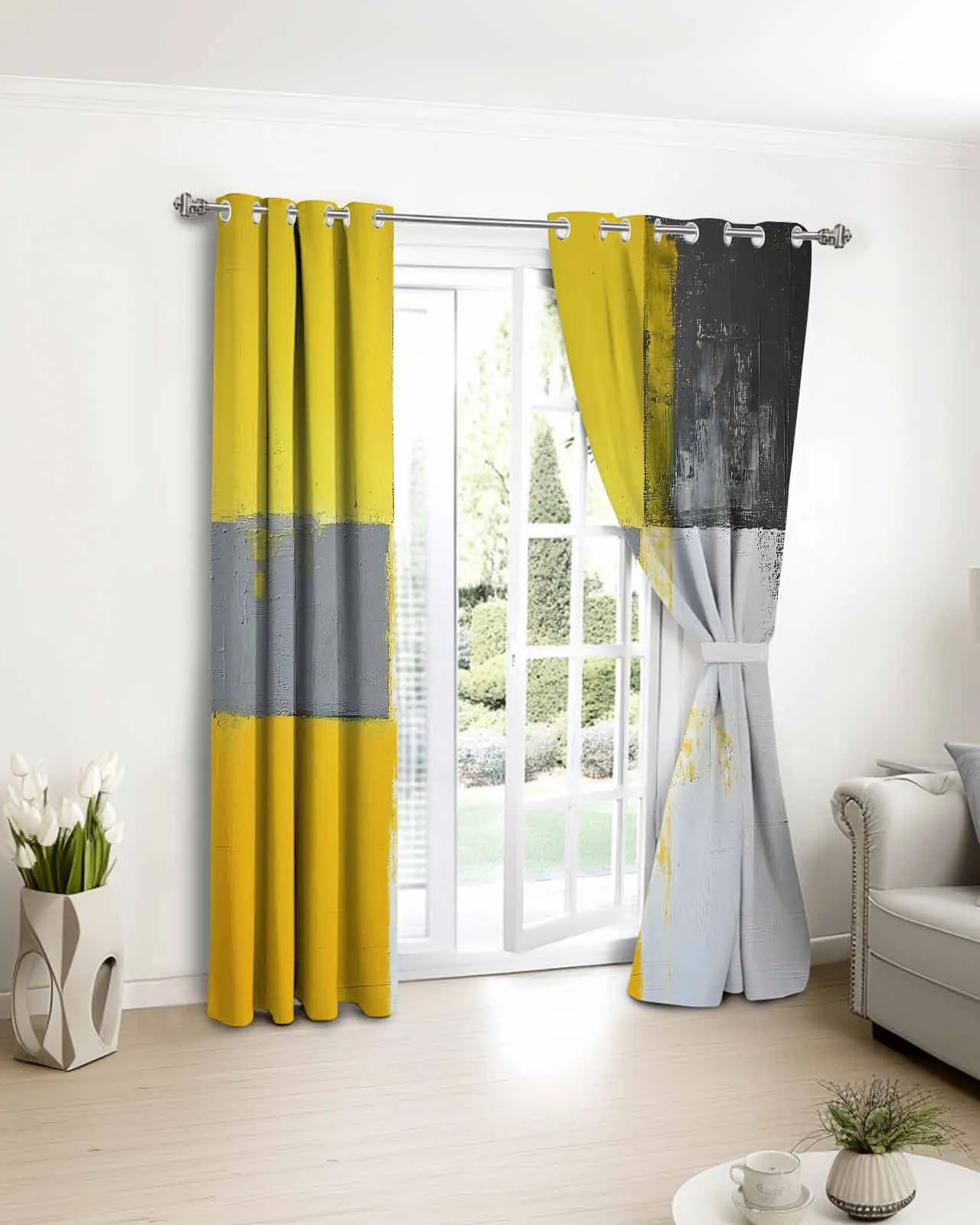 

Modern Yellow Color Block Theme Window Curtains Living Room Kitchen Curtains for Bedroom Left and Right Biparting Open Curtains