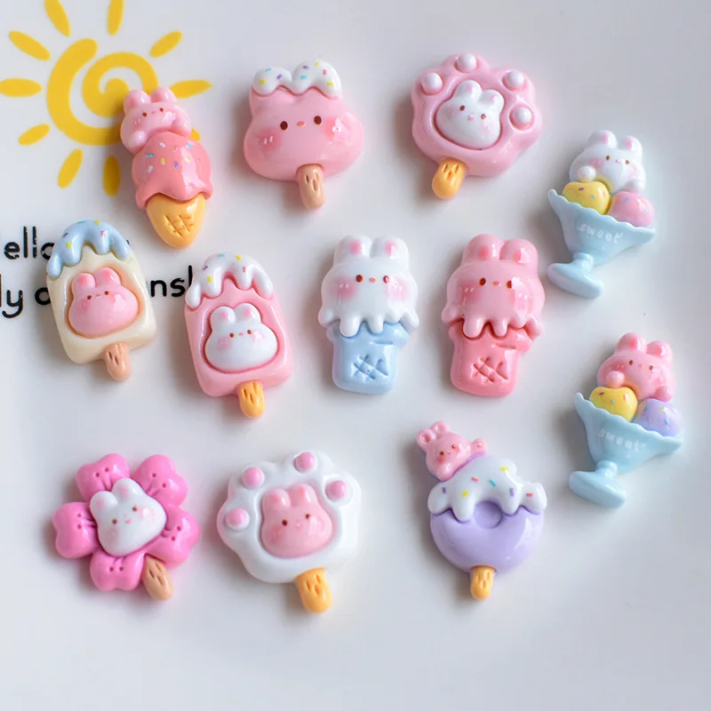 

10 шт., кавайный мультяшный кролик, мороженое, смоляные аксессуары, изготовление украшений для волос, кремовый клей, материал «сделай сам», оптовая продажа