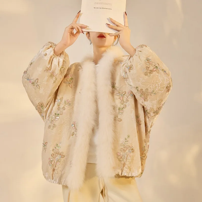Fashionable Winter New Chinese Style Heavy Embroidered White Duck Down Jacket Women's Fox Fur Collar Down Jacket